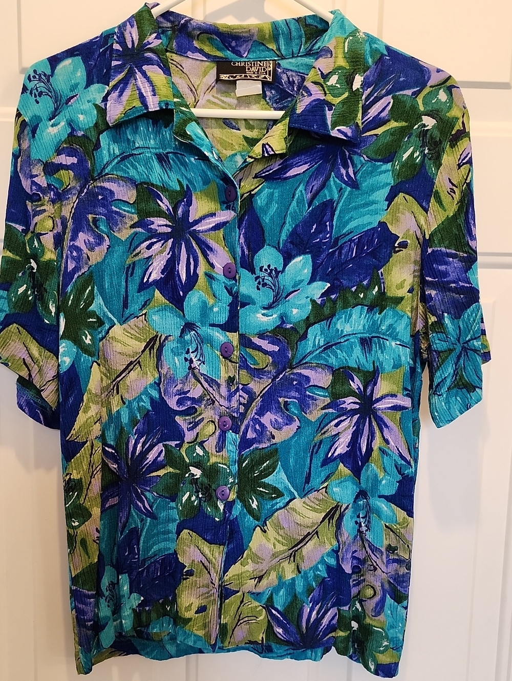 Vintage Beautiful Tropical Teal & Purple  Floral Button-Down Shirt
